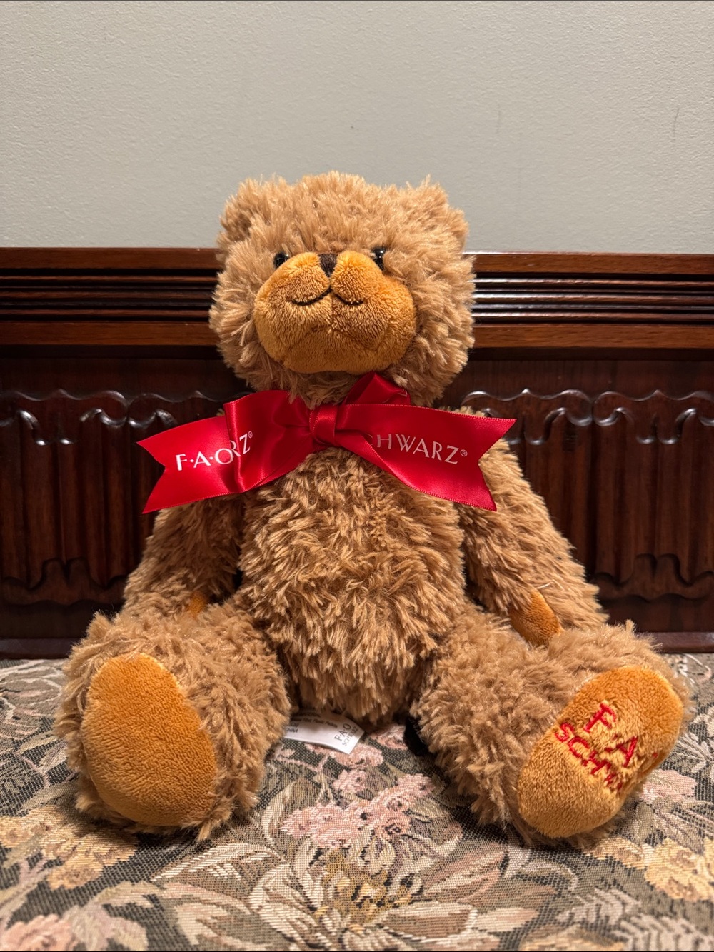FAO Schwarz Caramel Brown Plush Teddy with Red Logo Bow